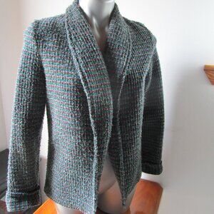 Open preppy jacket cardigan w gray, green, maroon twill weave. Petite M Vtg 80's